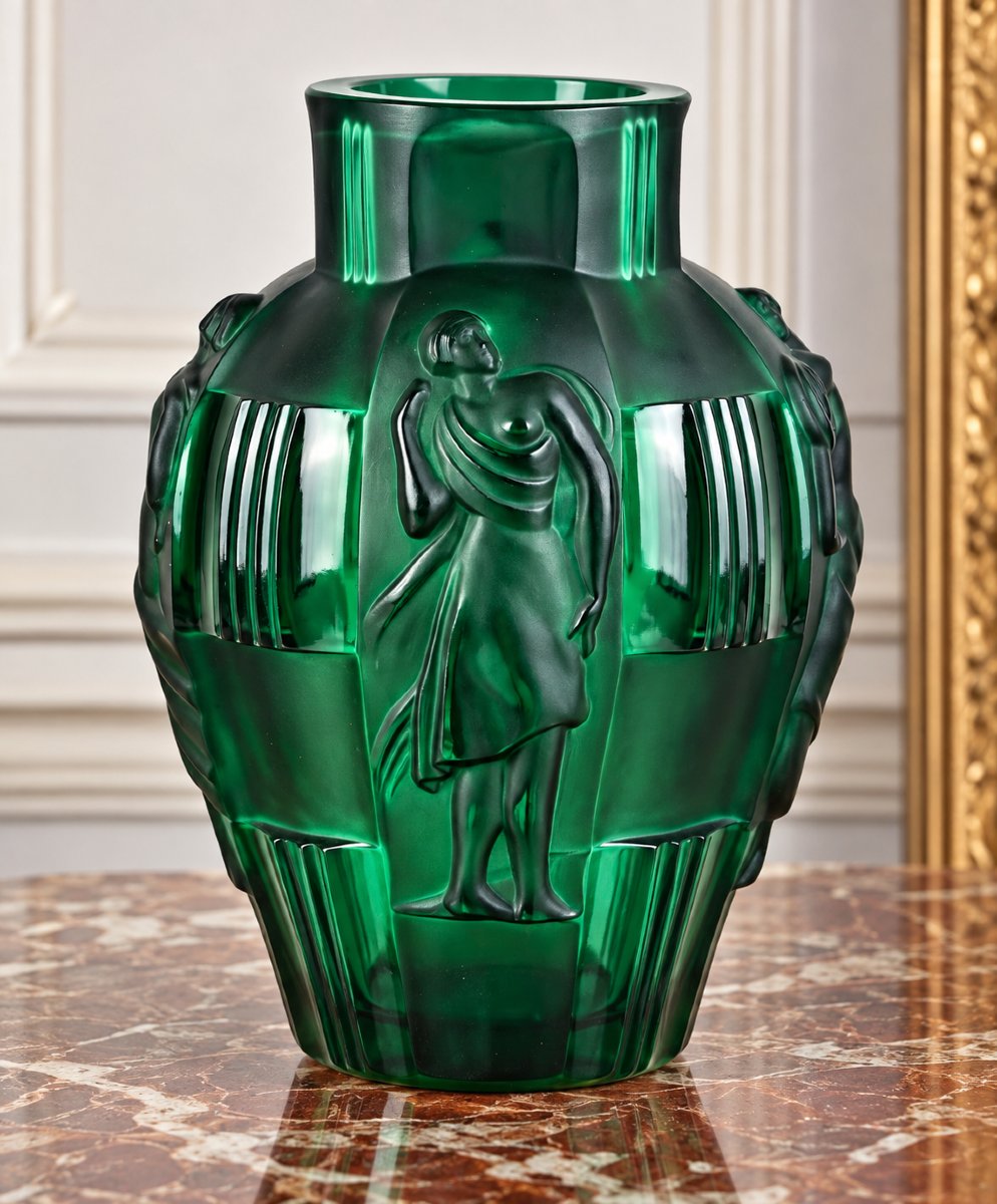 VASE ART DECO EN VERRE VERT EMERAUDE SIGNÉ DESNA DECOR DE FIGURES FEMININES