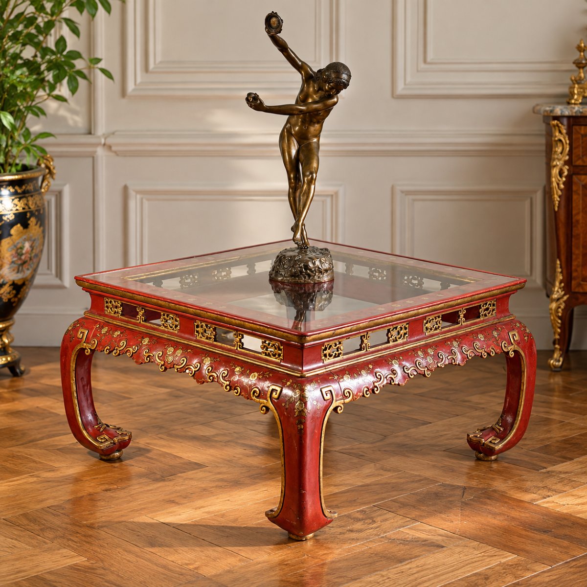 TABLE BASSE CHINOISE EN BOIS LAQUÉ ROUGE ET DORÉ DEBUT XXeme AVEC DESSUS VERRE-photo-3