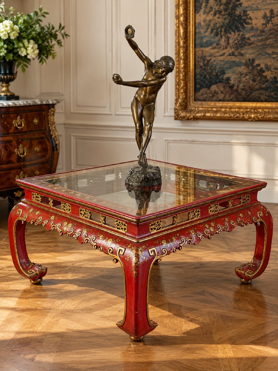 TABLE BASSE CHINOISE EN BOIS LAQUÉ ROUGE ET DORÉ DEBUT XXeme AVEC DESSUS VERRE-photo-2