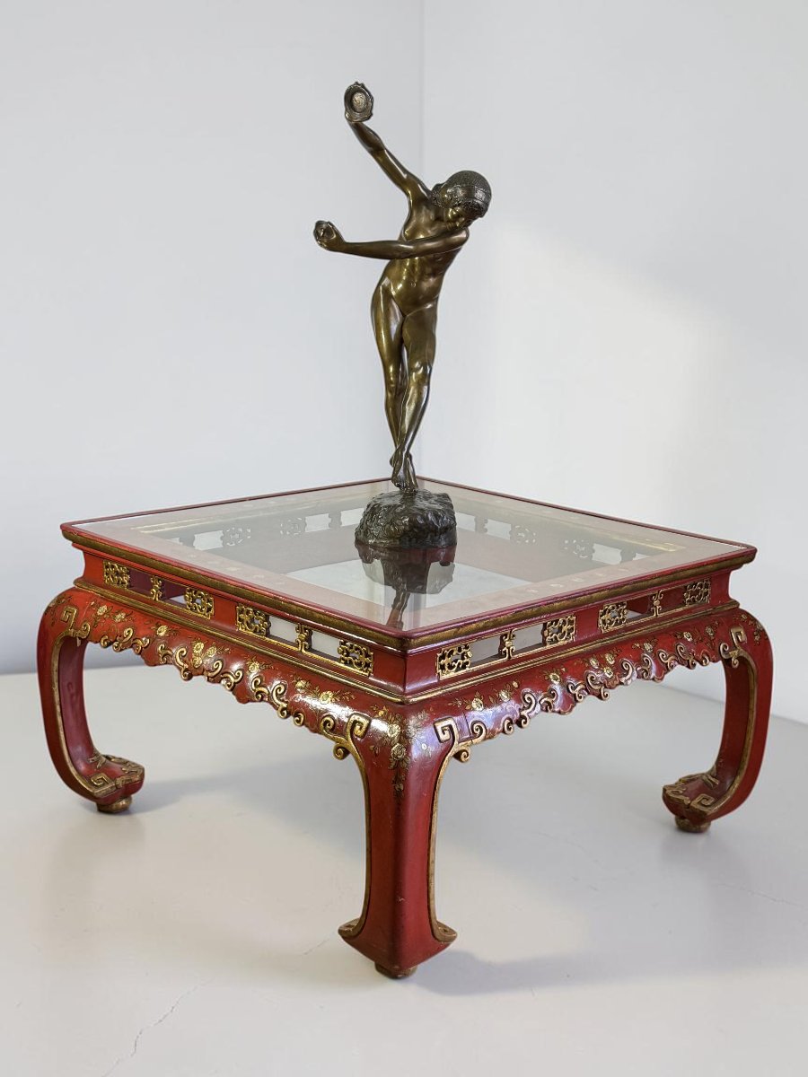 TABLE BASSE CHINOISE EN BOIS LAQUÉ ROUGE ET DORÉ DEBUT XXeme AVEC DESSUS VERRE-photo-4