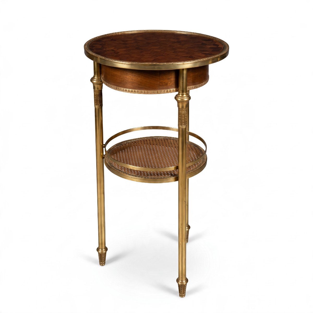 GUERIDON ROND DE STYLE LOUIS XVI EN BRONZE DORÉ /MARQUETERIE DE BOIS ET CANNAGE-photo-3