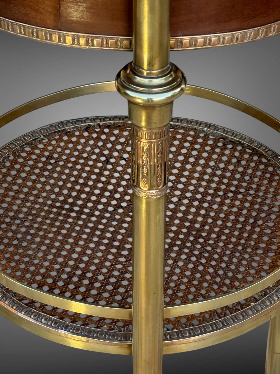 GUERIDON ROND DE STYLE LOUIS XVI EN BRONZE DORÉ /MARQUETERIE DE BOIS ET CANNAGE-photo-2