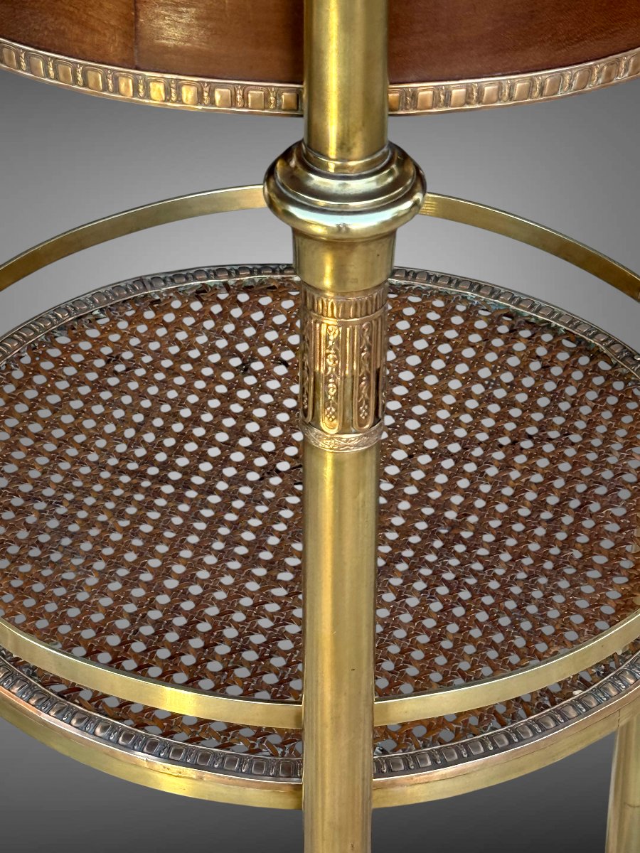 GUERIDON ROND DE STYLE LOUIS XVI EN BRONZE DORÉ /MARQUETERIE DE BOIS ET CANNAGE-photo-4