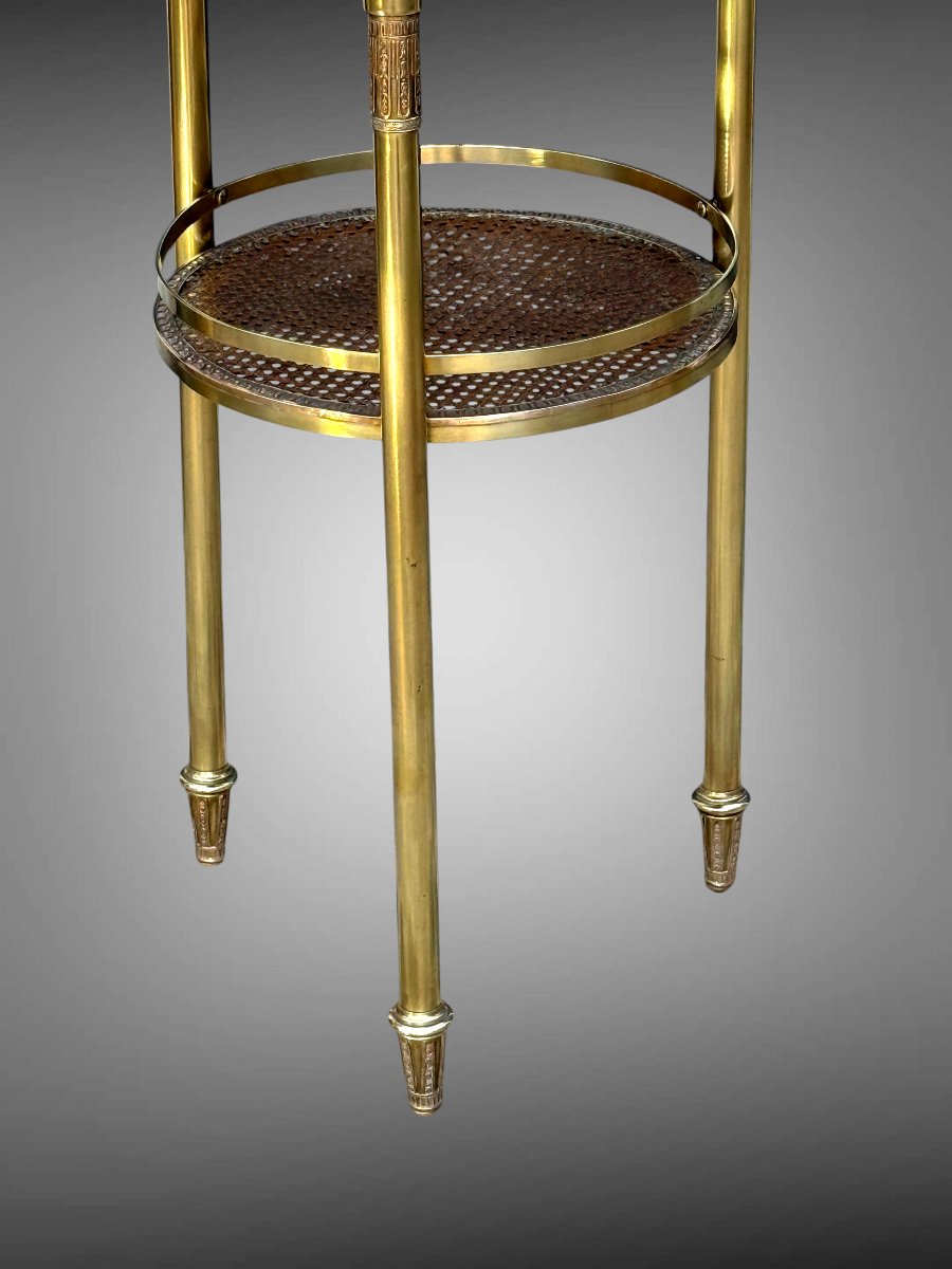 GUERIDON ROND DE STYLE LOUIS XVI EN BRONZE DORÉ /MARQUETERIE DE BOIS ET CANNAGE-photo-5