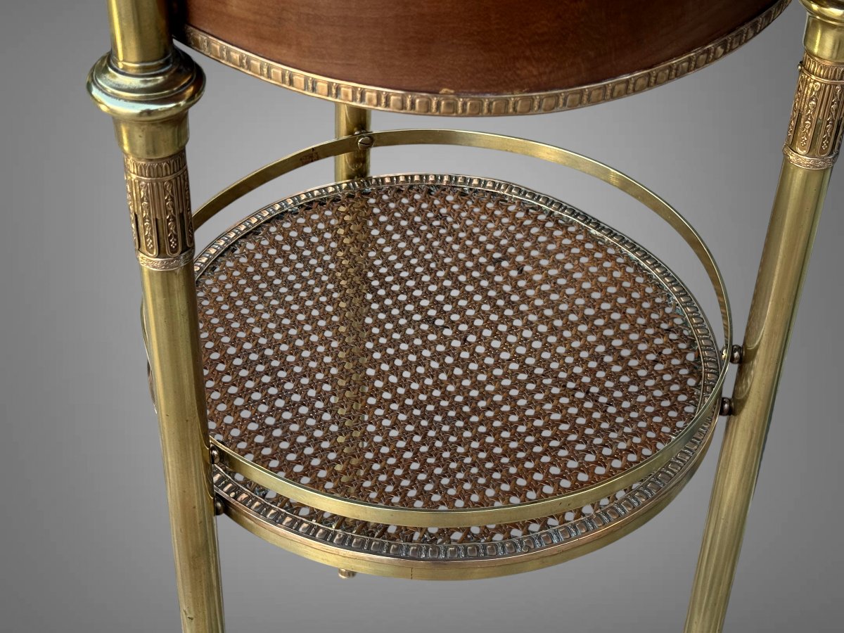 GUERIDON ROND DE STYLE LOUIS XVI EN BRONZE DORÉ /MARQUETERIE DE BOIS ET CANNAGE-photo-6