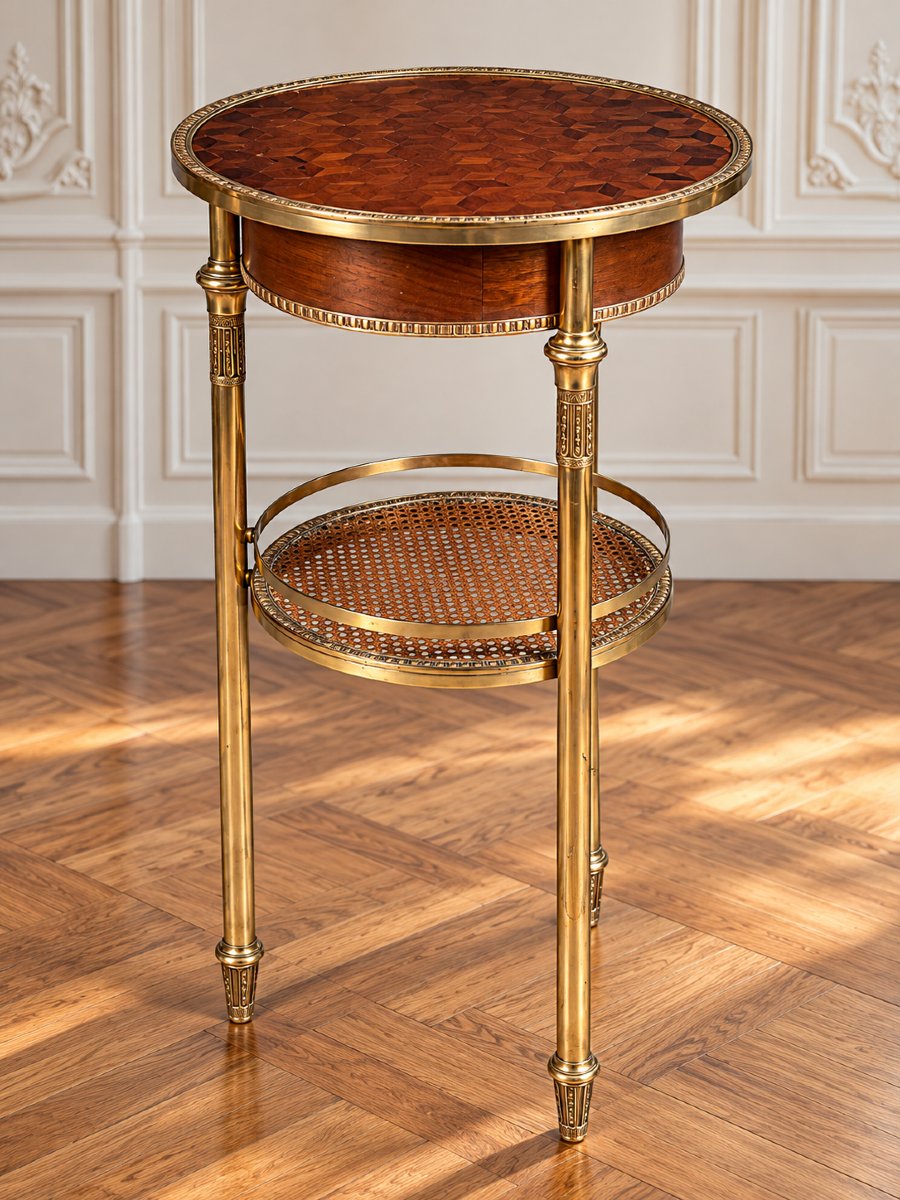 GUERIDON ROND DE STYLE LOUIS XVI EN BRONZE DORÉ /MARQUETERIE DE BOIS ET CANNAGE
