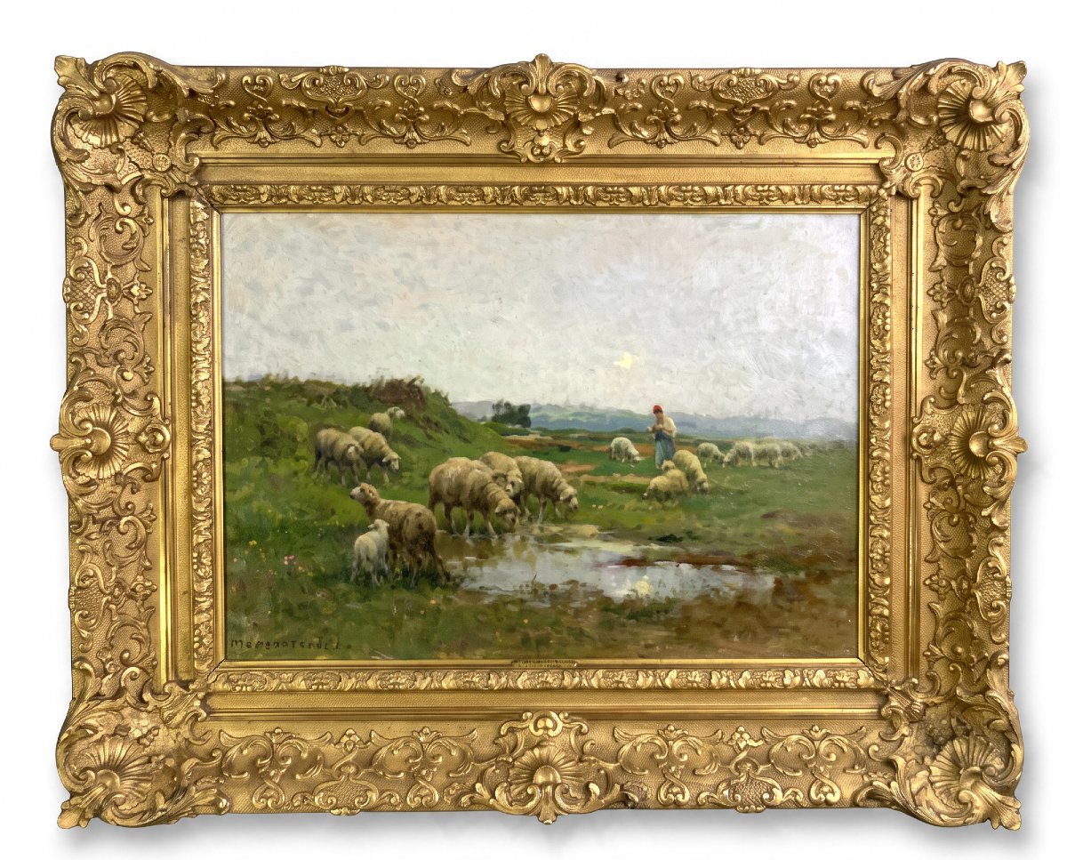 TABLEAU / HUILE SUR TOILE XIXe DE A. PREVOT .VALERI ( BERGERE ET SON TROUPEAUX-photo-2