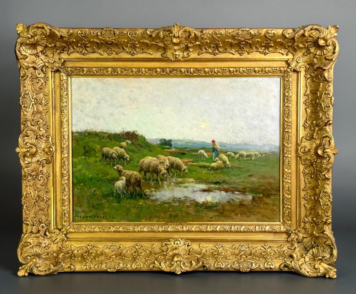 TABLEAU / HUILE SUR TOILE XIXe DE A. PREVOT .VALERI ( BERGERE ET SON TROUPEAUX-photo-4