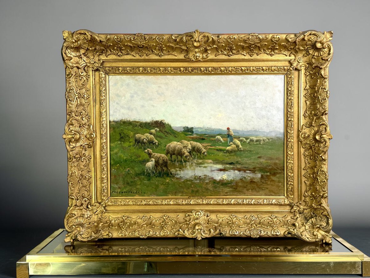TABLEAU / HUILE SUR TOILE XIXe DE A. PREVOT .VALERI ( BERGERE ET SON TROUPEAUX-photo-3