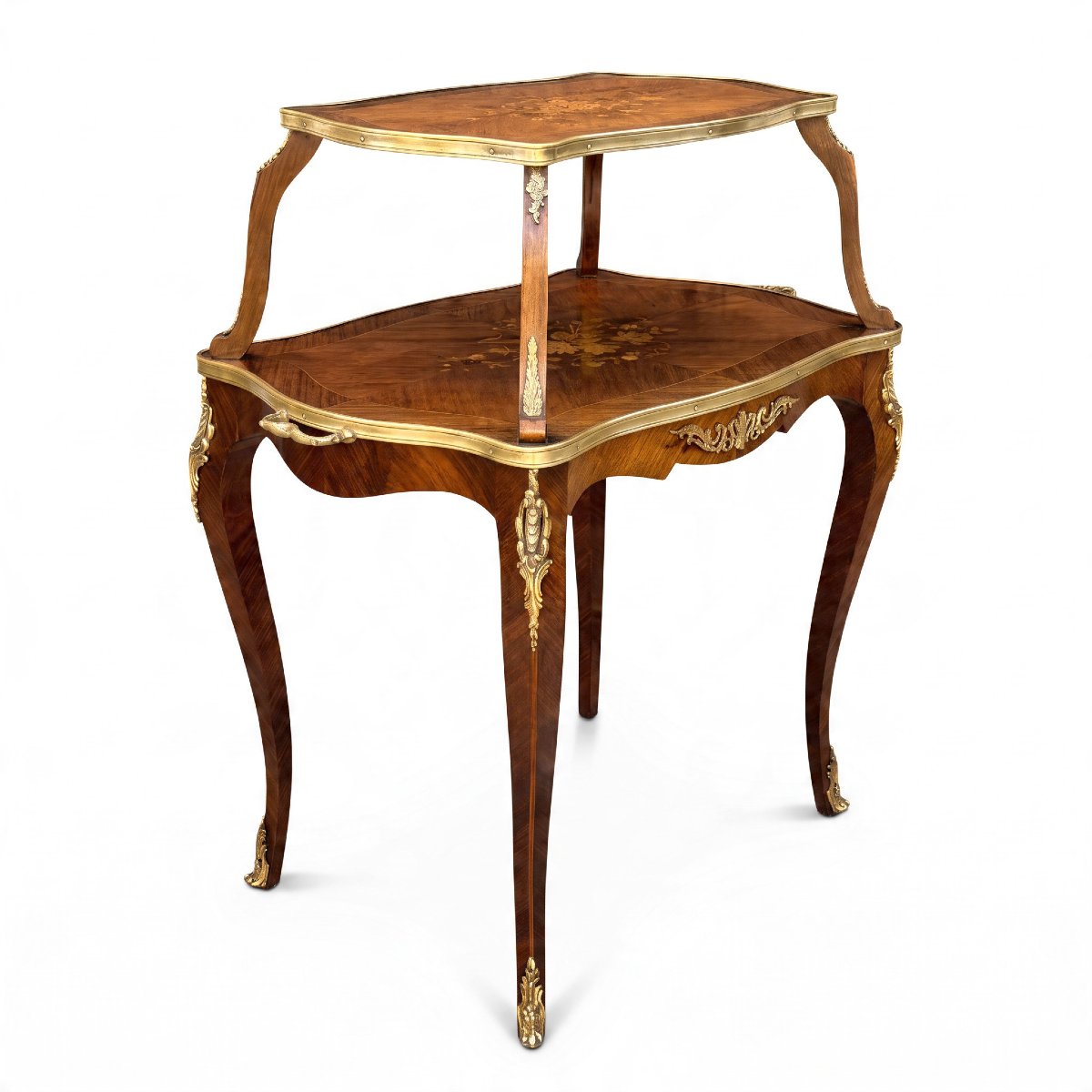 TABLE A THÉ A DEUX PLATEAUX EN MARQUETERIE ET BRONZE DORÉ DE STYLE LOUIS XV-photo-4