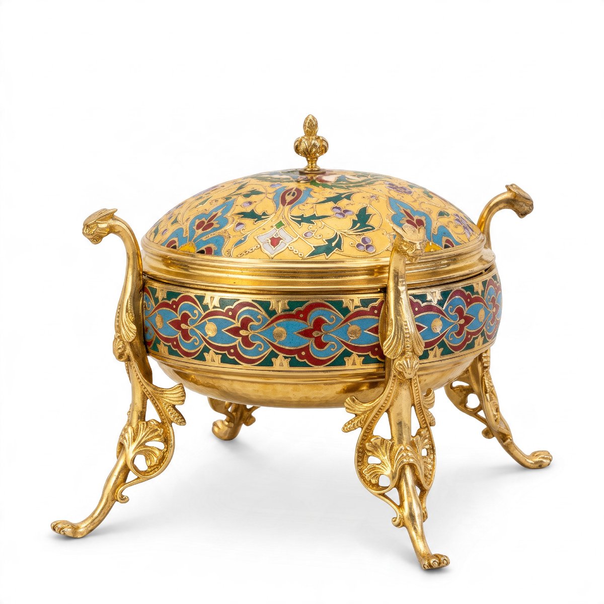 Gilded Bronze Bonbonniere With Polychrome Enamel, Signed F. Barbedienne, Circa 1880-photo-2