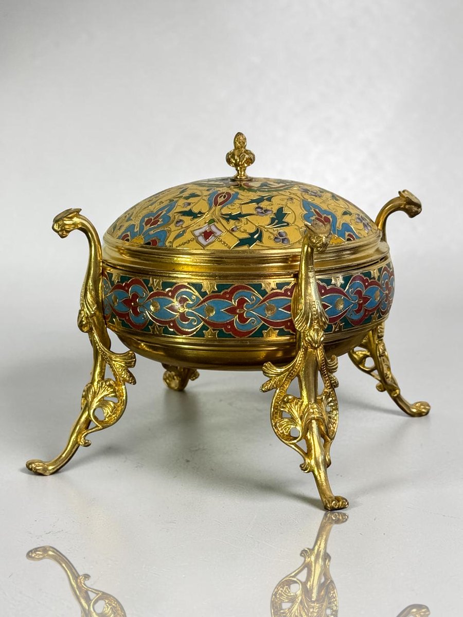 Gilded Bronze Bonbonniere With Polychrome Enamel, Signed F. Barbedienne, Circa 1880-photo-3