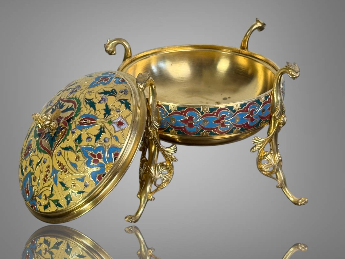 Gilded Bronze Bonbonniere With Polychrome Enamel, Signed F. Barbedienne, Circa 1880-photo-3