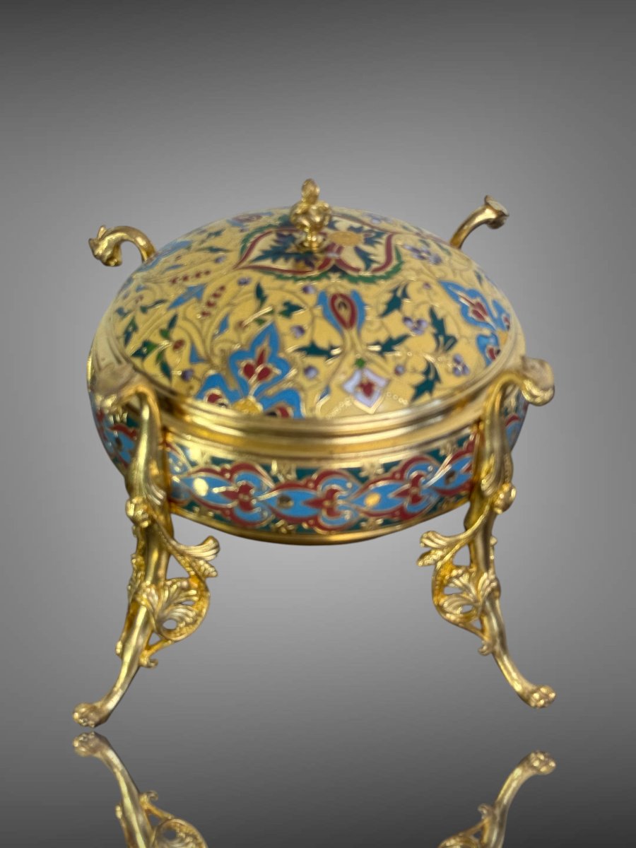 Gilded Bronze Bonbonniere With Polychrome Enamel, Signed F. Barbedienne, Circa 1880-photo-7