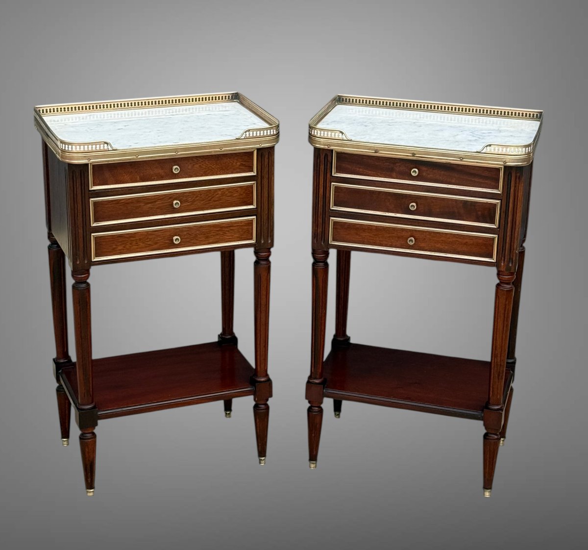 Pair Of Mahogany Nightstands With Brass Details In The Louis XVI Style, With Marble Tops-photo-1