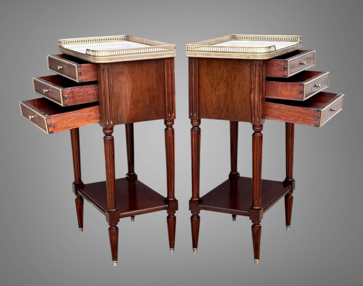 Pair Of Mahogany Nightstands With Brass Details In The Louis XVI Style, With Marble Tops-photo-4