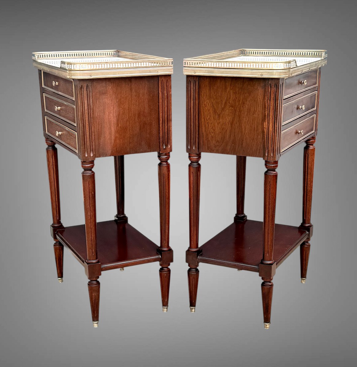 Pair Of Mahogany Nightstands With Brass Details In The Louis XVI Style, With Marble Tops-photo-5