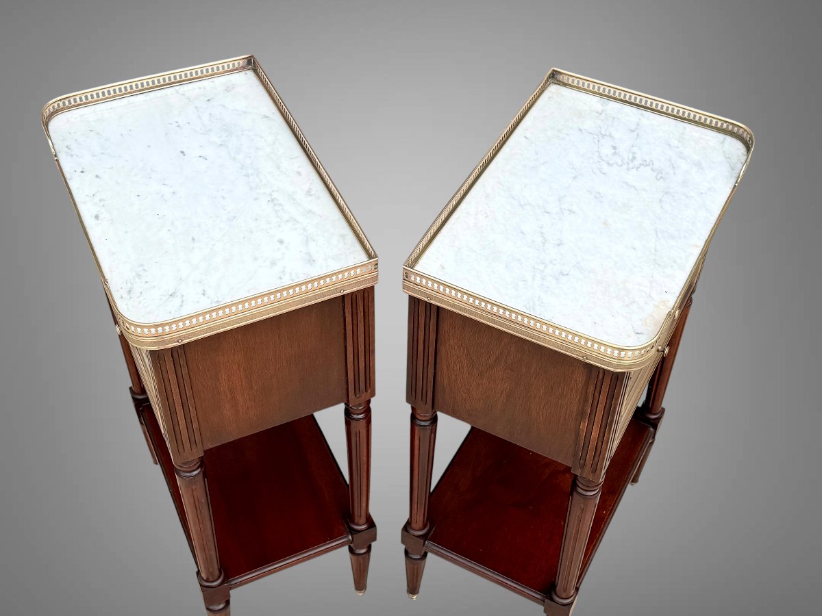 Pair Of Mahogany Nightstands With Brass Details In The Louis XVI Style, With Marble Tops-photo-6
