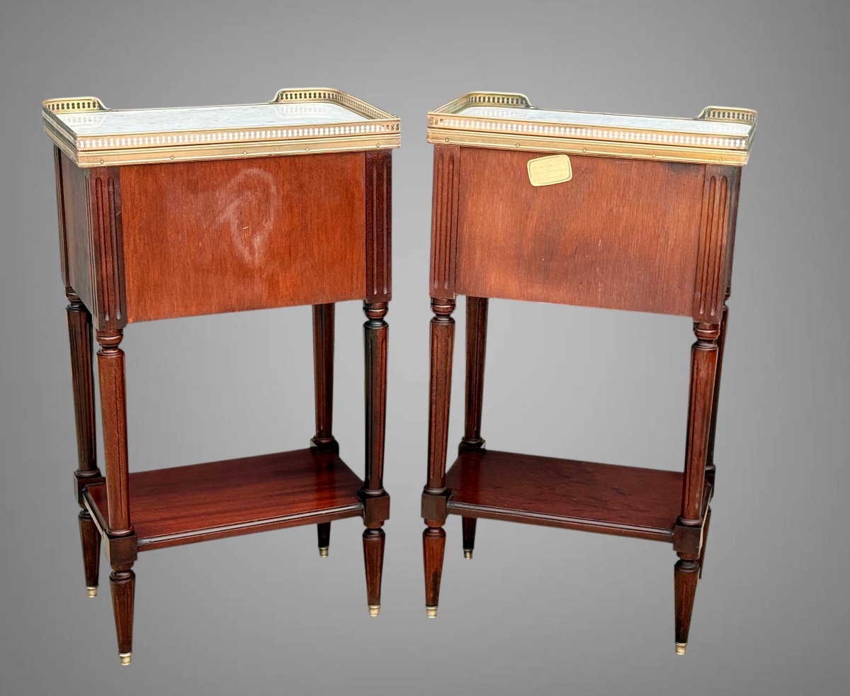 Pair Of Mahogany Nightstands With Brass Details In The Louis XVI Style, With Marble Tops-photo-7
