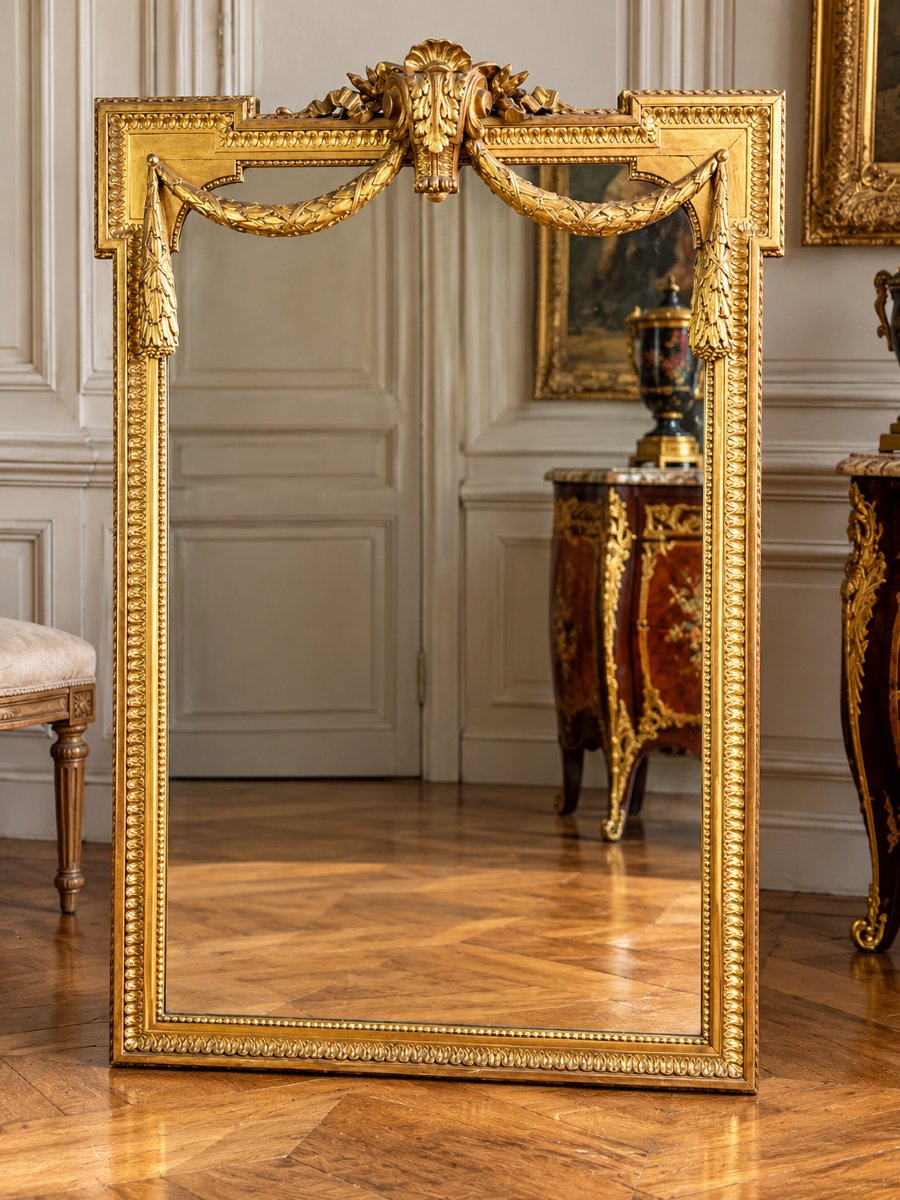 MIROIR ANCIEN EN BOIS ET STUC DORÉ DE STYLE LOUIS XVI / AVEC MIROIR BISEAUTÉ-photo-2