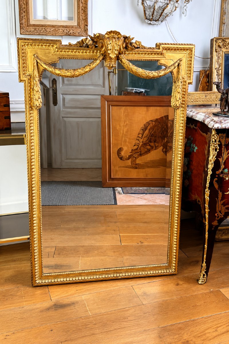 MIROIR ANCIEN EN BOIS ET STUC DORÉ DE STYLE LOUIS XVI / AVEC MIROIR BISEAUTÉ-photo-3