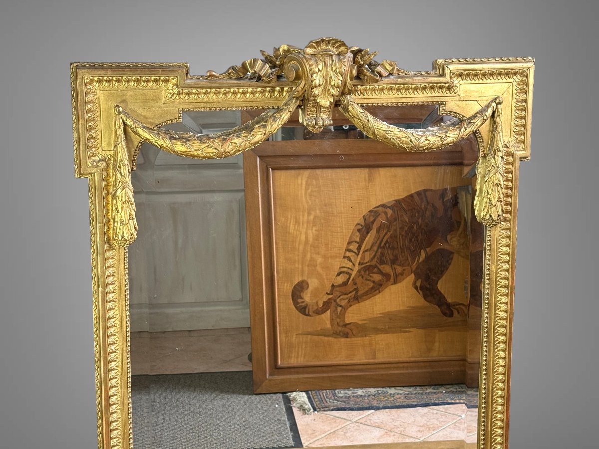 MIROIR ANCIEN EN BOIS ET STUC DORÉ DE STYLE LOUIS XVI / AVEC MIROIR BISEAUTÉ-photo-4