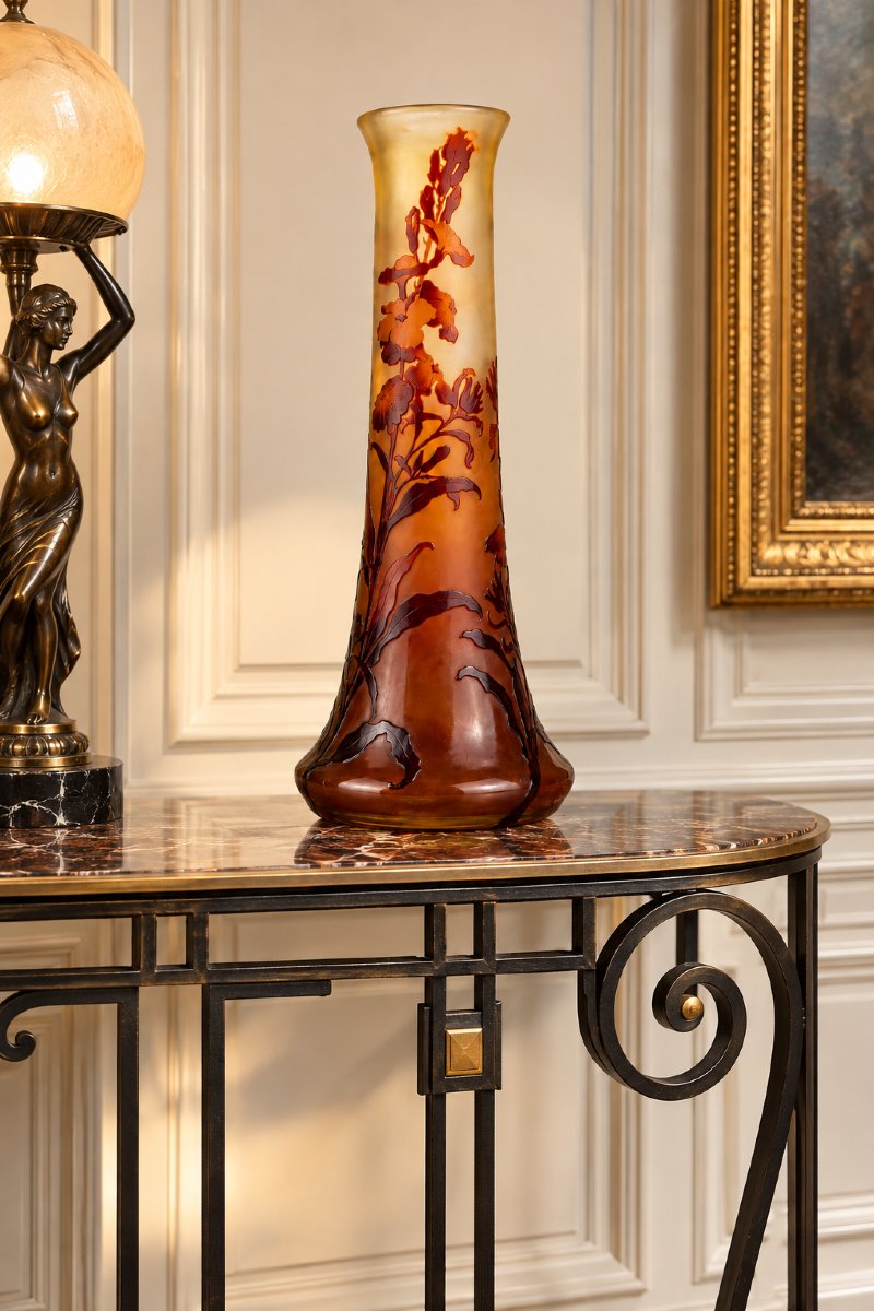 EMILE GALLÉ ,VASE ART NOUVEAU MODELE VERNISÉ A DECOR D IRIS H 45,5 CM VERS 1900-photo-3