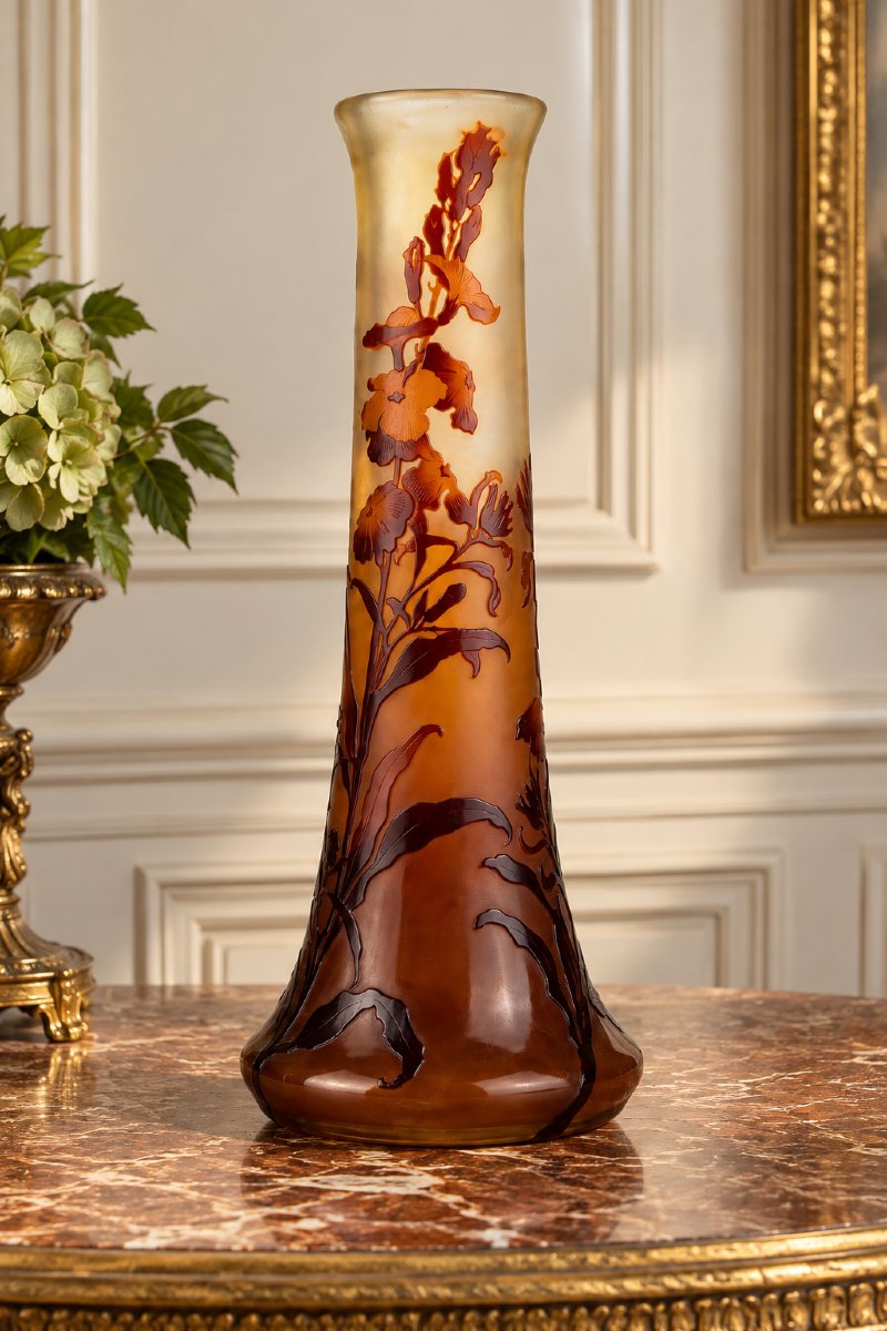 EMILE GALLÉ ,VASE ART NOUVEAU MODELE VERNISÉ A DECOR D IRIS H 45,5 CM VERS 1900-photo-4