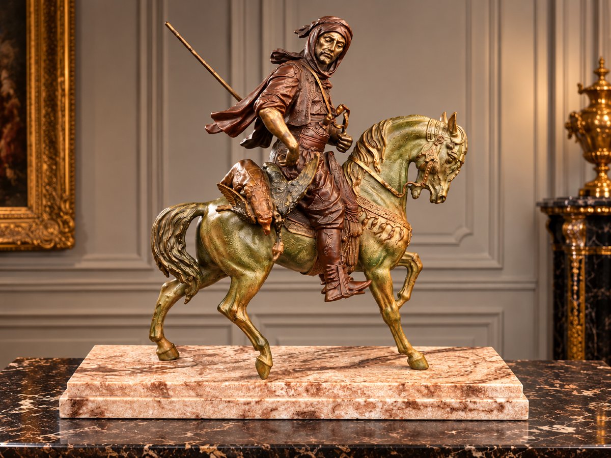 Arabian Rider Returning From The Hunt / Polychrome Sculpture / After Alfred Barye-photo-3