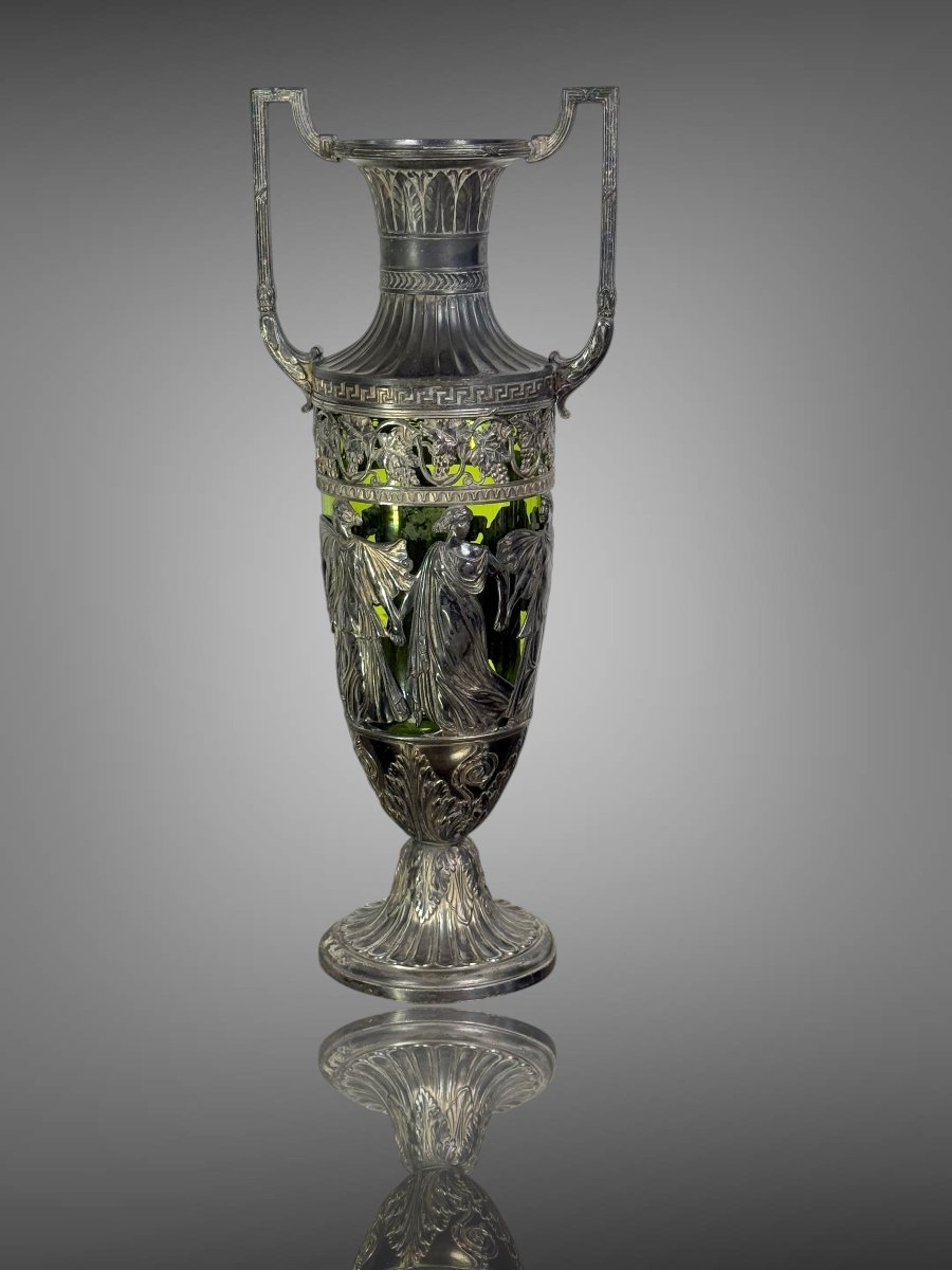 VASE AMPHORE ART NOUVAU EN METAL ARGENTÉ ET VERRE VERT – DANS LE GOUT DE WMF-photo-2