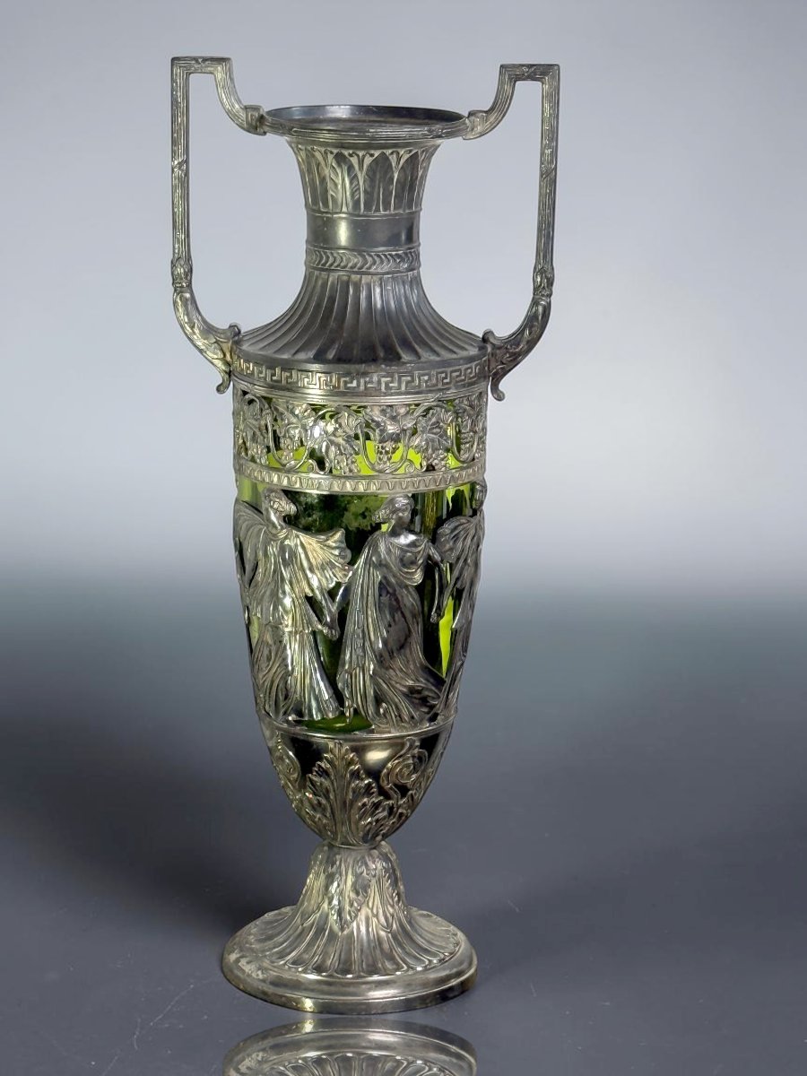VASE AMPHORE ART NOUVAU EN METAL ARGENTÉ ET VERRE VERT – DANS LE GOUT DE WMF-photo-3