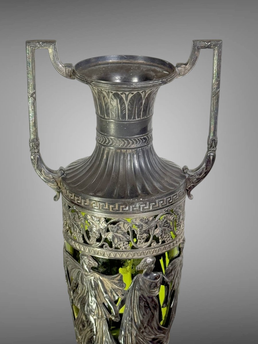 VASE AMPHORE ART NOUVAU EN METAL ARGENTÉ ET VERRE VERT – DANS LE GOUT DE WMF-photo-3