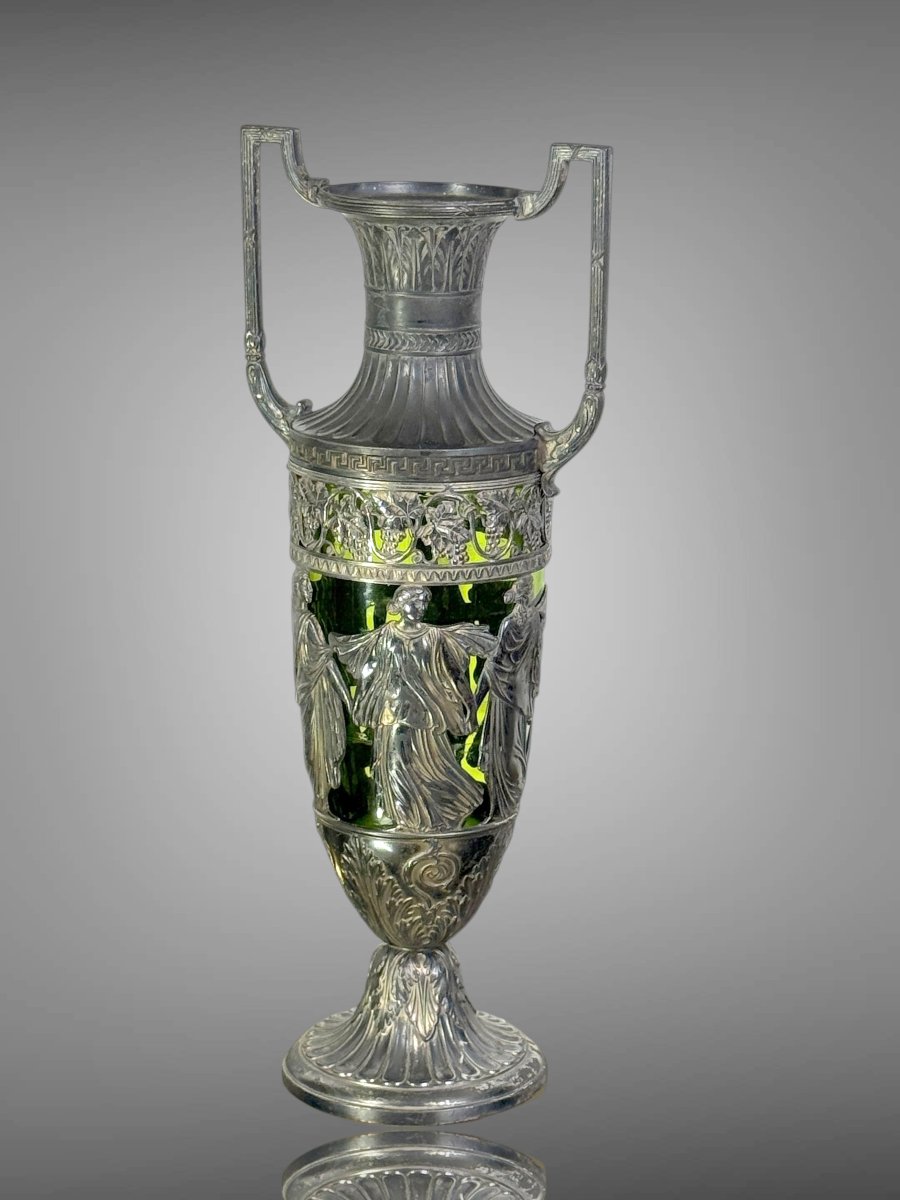 VASE AMPHORE ART NOUVAU EN METAL ARGENTÉ ET VERRE VERT – DANS LE GOUT DE WMF-photo-4