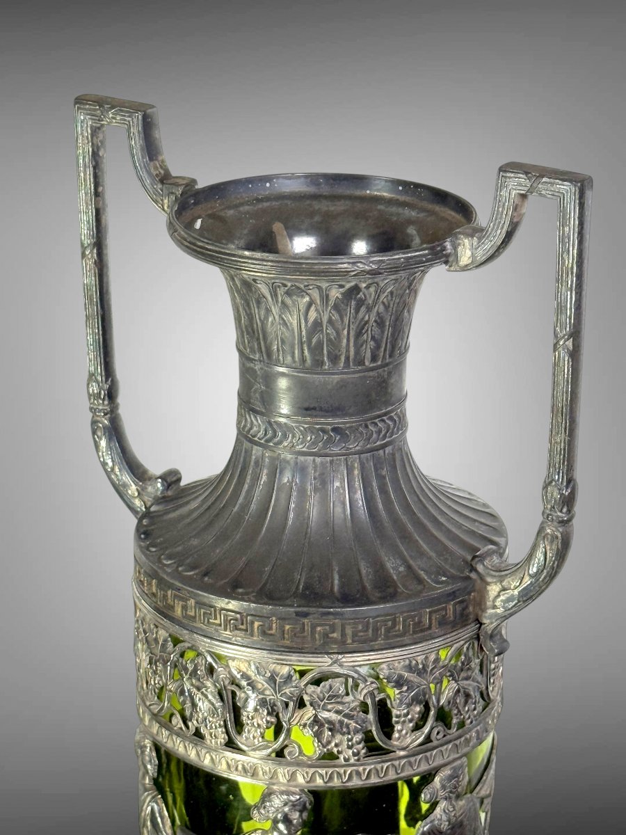 VASE AMPHORE ART NOUVAU EN METAL ARGENTÉ ET VERRE VERT – DANS LE GOUT DE WMF-photo-5