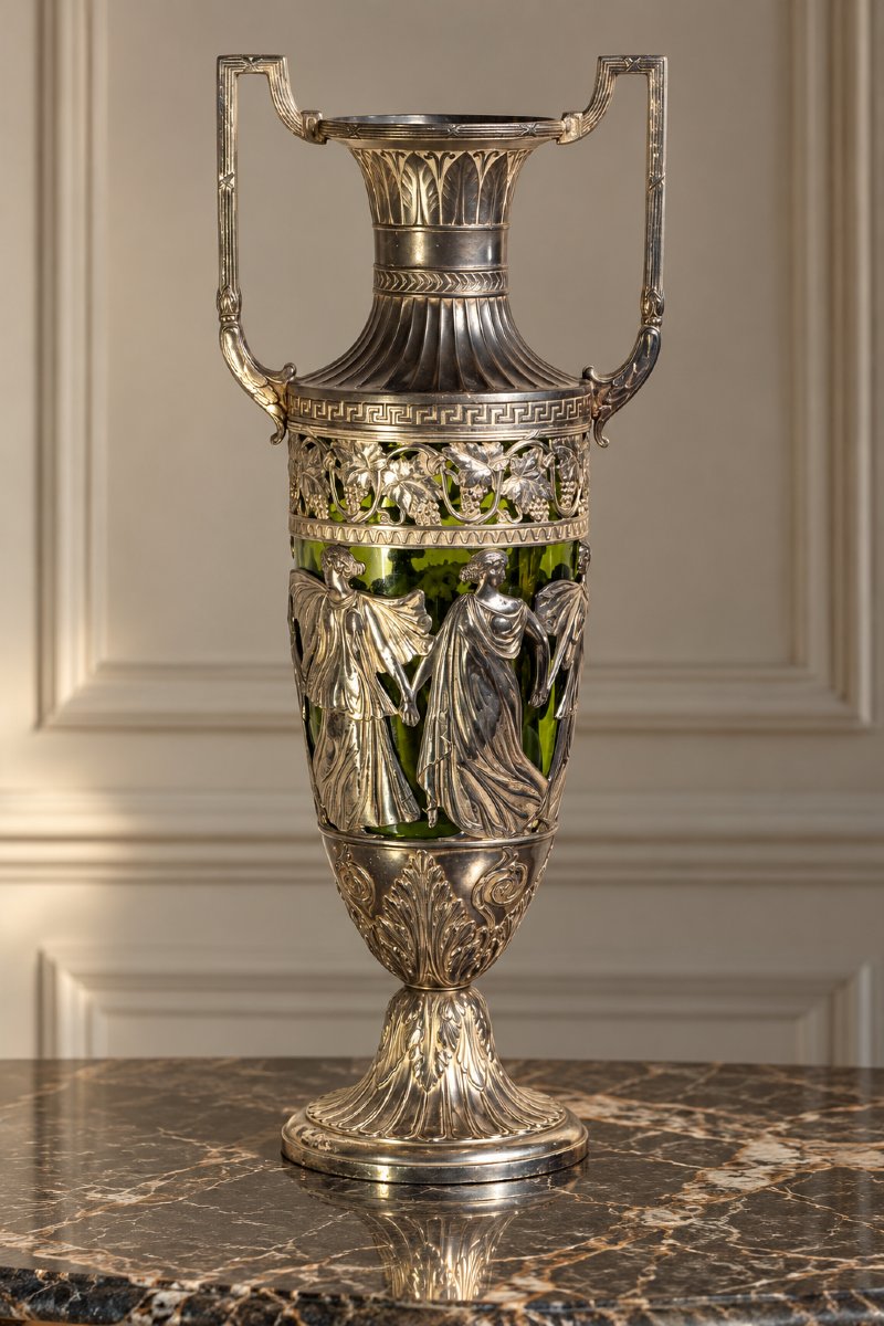 VASE AMPHORE ART NOUVAU EN METAL ARGENTÉ ET VERRE VERT – DANS LE GOUT DE WMF