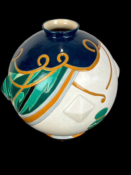 GRAND VASE BOULE EN FAÏENCE DE LONGWY " MODÈLE TRIANON " EPOQUE ART DÉCO-photo-7