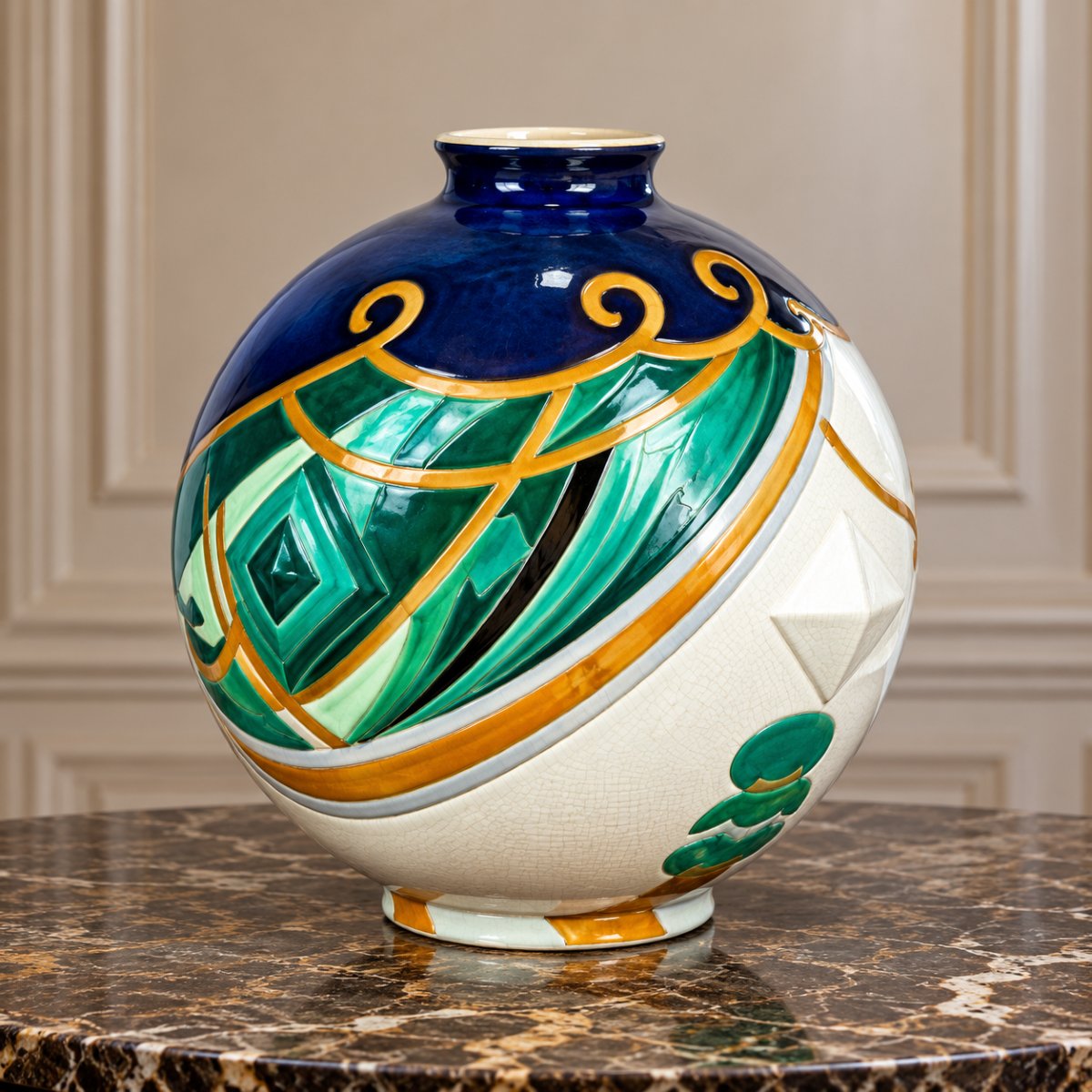GRAND VASE BOULE EN FAÏENCE DE LONGWY " MODÈLE TRIANON " EPOQUE ART DÉCO