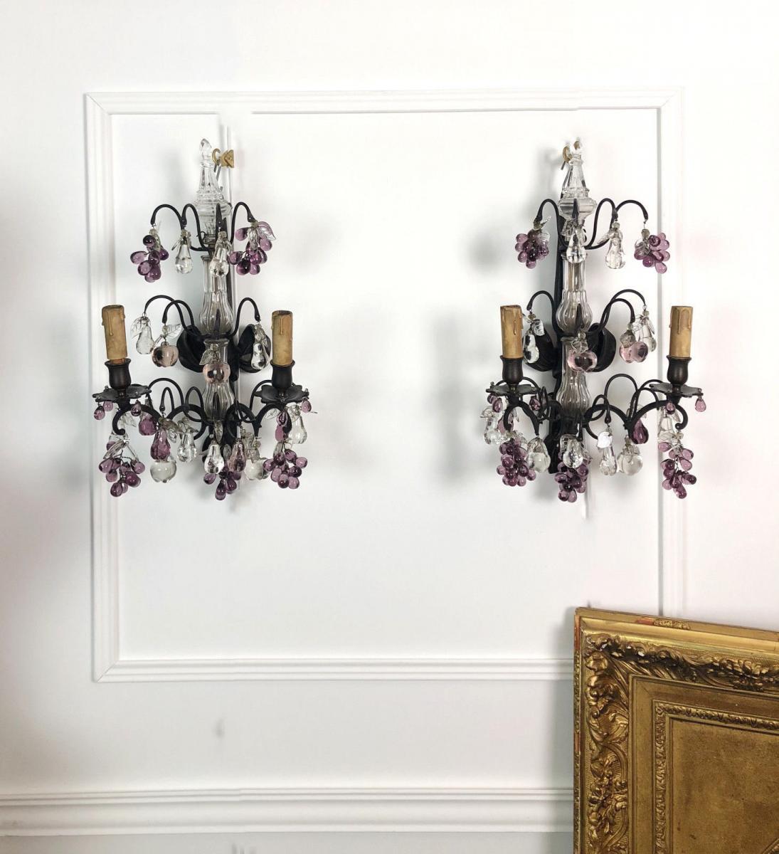 Pair Of Crystal And Bronze Wall Sconces For A 2-light Node-photo-2