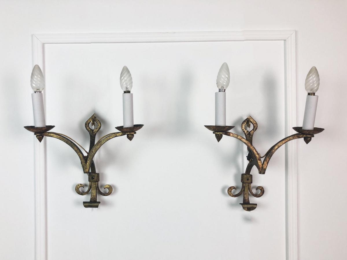 Pair Of Wall Sconces Of The 70s In Golden Metal