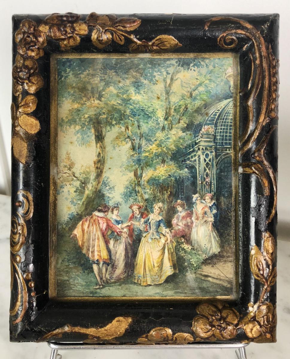 Paire d'Aquarelles RÉhaussÉes À La Gouache "scÈnes Genre Dans Le GoÛt Fragonard-photo-3