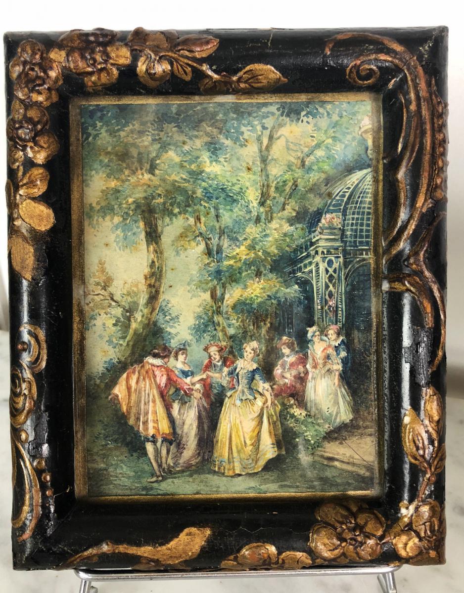 Paire d'Aquarelles RÉhaussÉes À La Gouache "scÈnes Genre Dans Le GoÛt Fragonard-photo-4