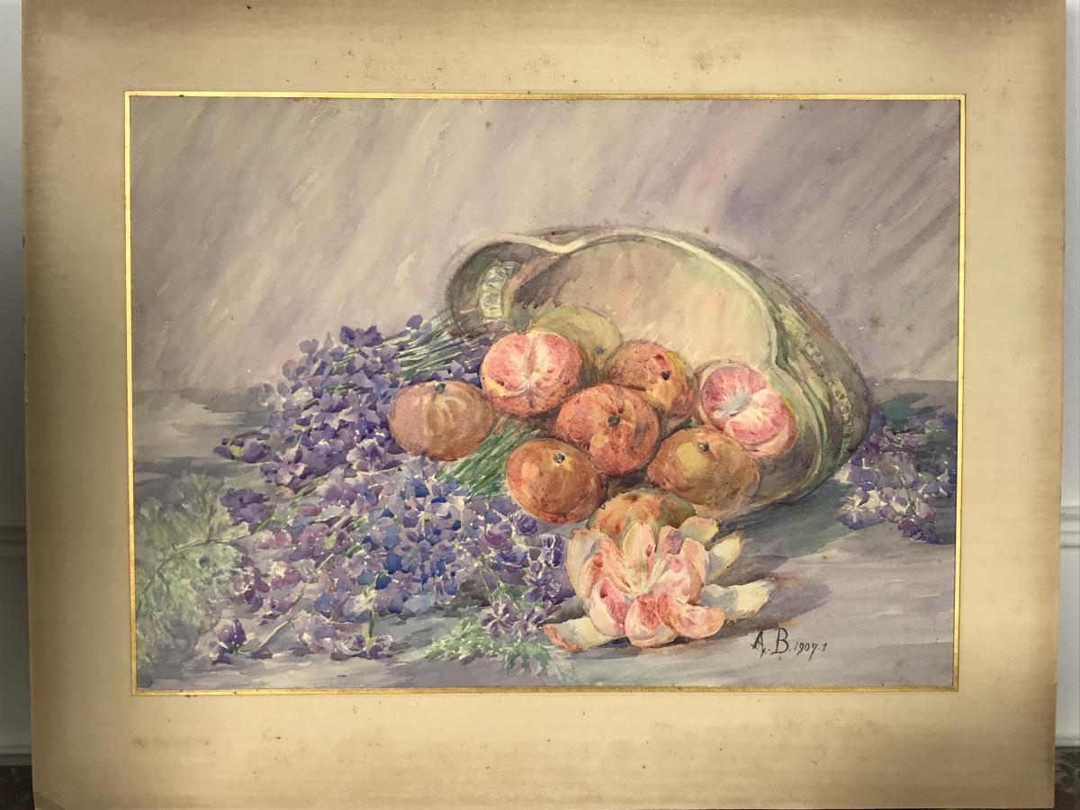Watercolor / Drawing Fruit Of The Years 1900 Signed A. Bassée