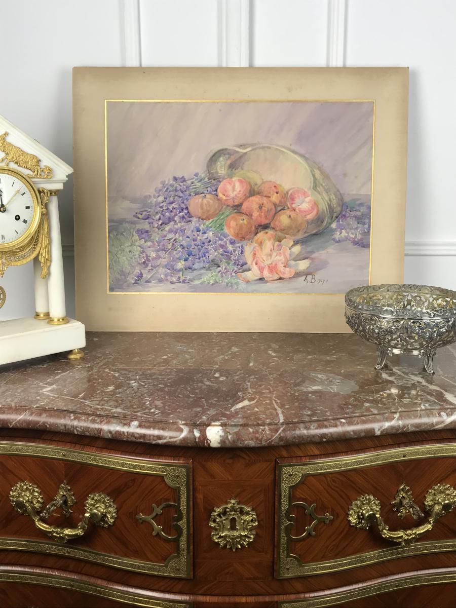 Aquarelle / Dessin Au Fruits Des AnnÉes 1900 SignÉ A. BassÉe-photo-3