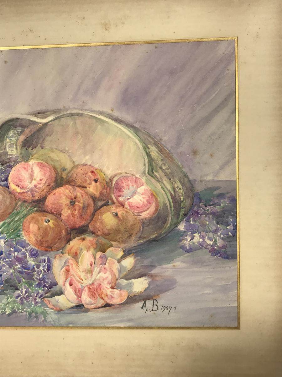 Aquarelle / Dessin Au Fruits Des AnnÉes 1900 SignÉ A. BassÉe-photo-1