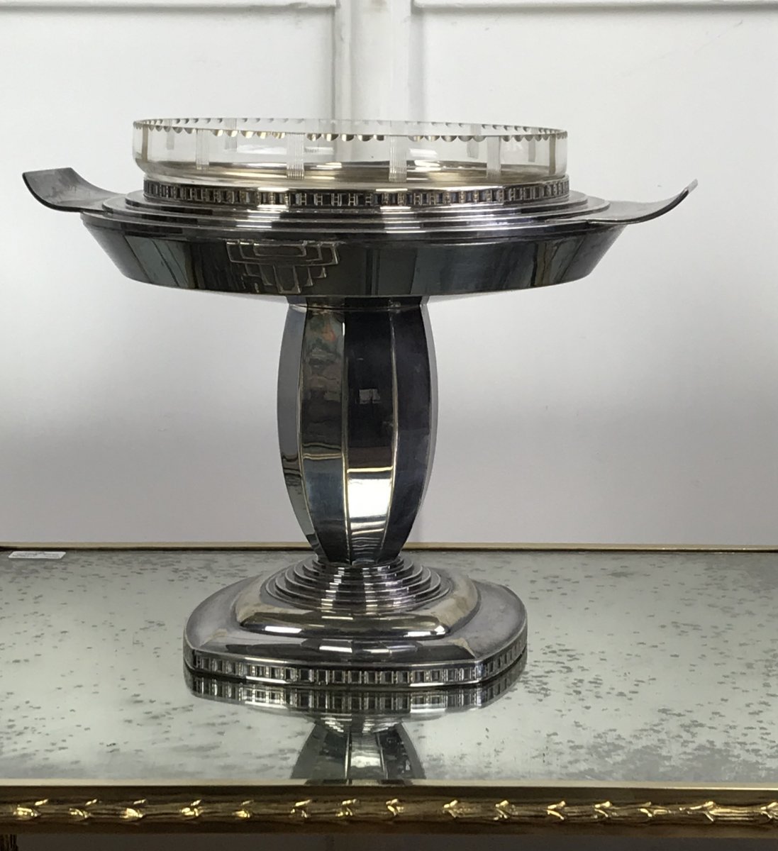 Grande Coupe Epoque Art Deco En Metal ArgentÉ Avec Sa Verrerie De 33 Cm De Haut-photo-2