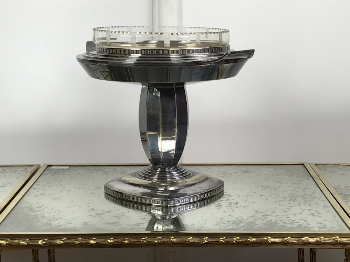 Grande Coupe Epoque Art Deco En Metal ArgentÉ Avec Sa Verrerie De 33 Cm De Haut-photo-4