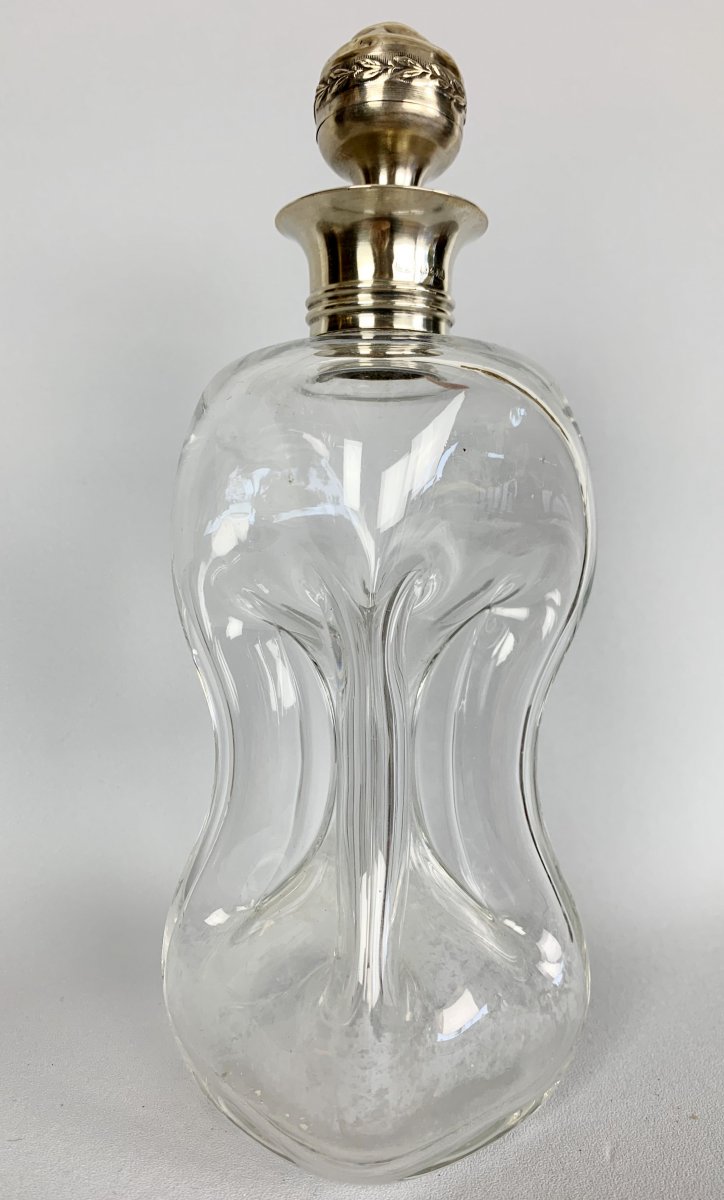 Old Carafe Blown Glass With Frame And Silver Cap Of 24 Cm High-photo-3