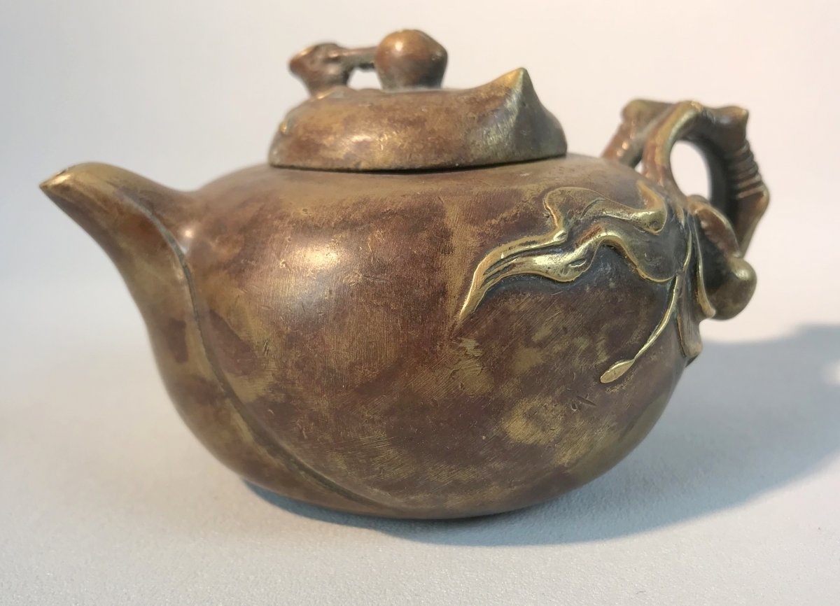 Old Asian Bronze Teapot With Its Stamp Below-photo-2