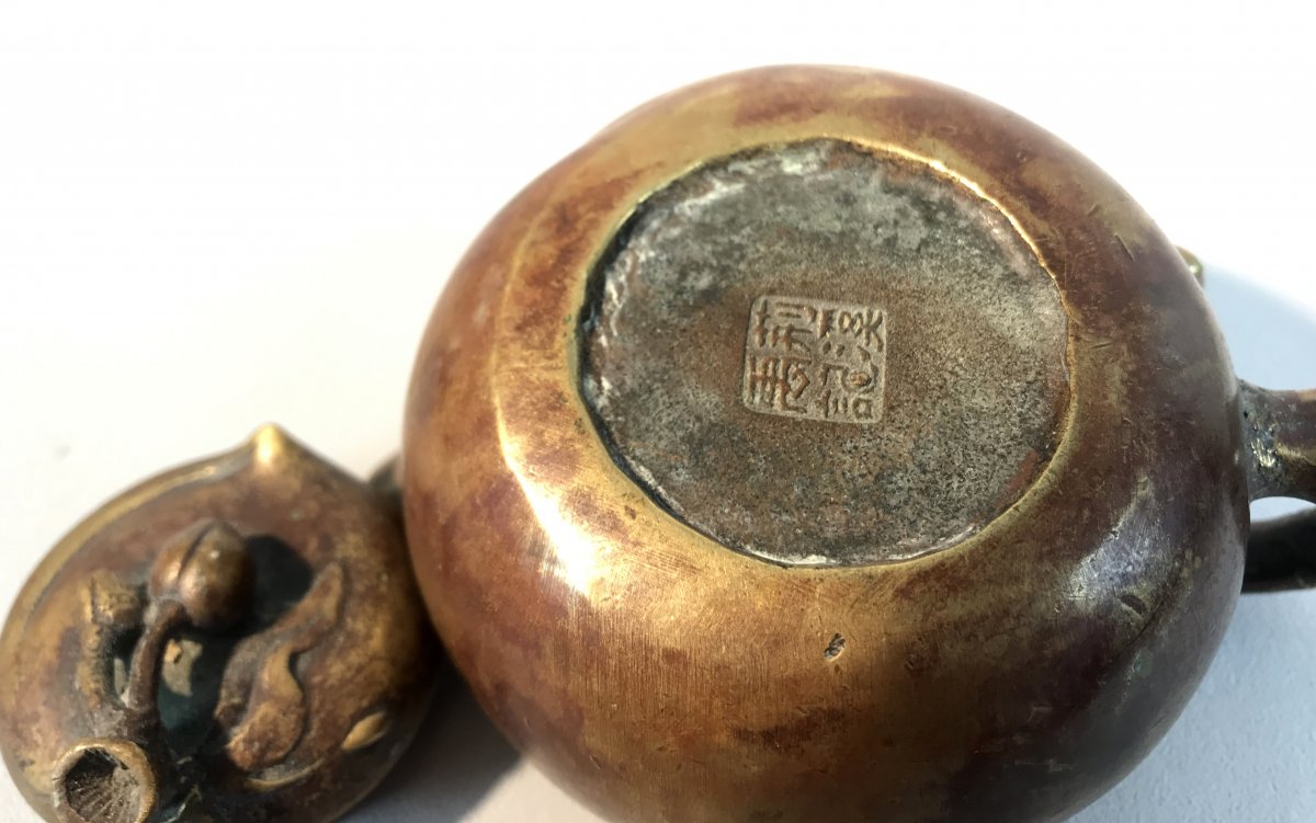 Old Asian Bronze Teapot With Its Stamp Below-photo-4