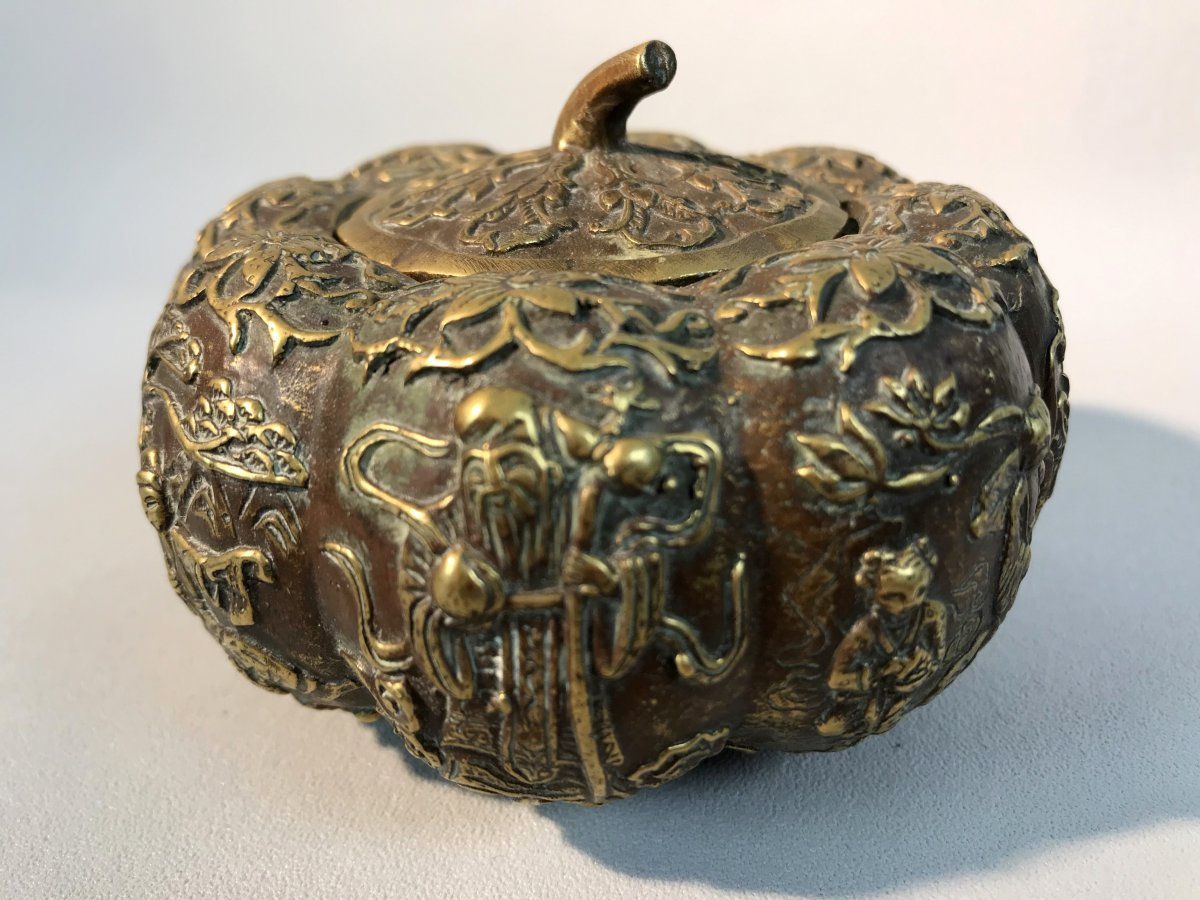 Old Asian Bronze Pot In The Shape Of Apple With Stamp On The Bottom-photo-1